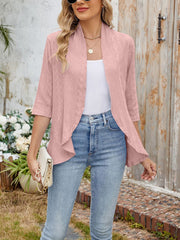 Solid Color 3/4 Sleeve Open Front Eyelet Jacket