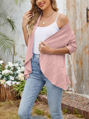 Solid Color 3/4 Sleeve Open Front Eyelet Jacket