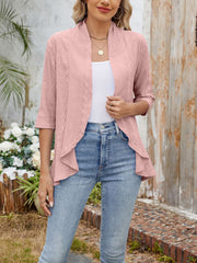 Solid Color 3/4 Sleeve Open Front Eyelet Jacket