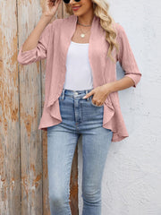 Solid Color 3/4 Sleeve Open Front Eyelet Jacket