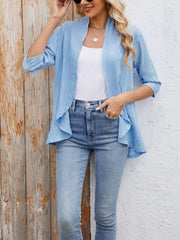 Solid Color 3/4 Sleeve Open Front Eyelet Jacket