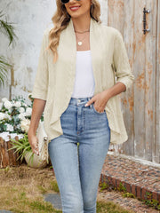 Solid Color 3/4 Sleeve Open Front Eyelet Jacket