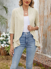Solid Color 3/4 Sleeve Open Front Eyelet Jacket