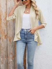 Solid Color 3/4 Sleeve Open Front Eyelet Jacket
