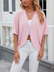 Solid Color Mid Sleeve Textured Open Front Jacket
