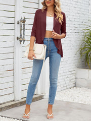 Solid Color Ruffled Hem 3/4 Sleeve Open Front Jacket