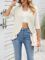 Solid Color Ruffled Hem 3/4 Sleeve Open Front Jacket