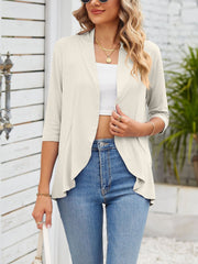 Solid Color Ruffled Hem 3/4 Sleeve Open Front Jacket
