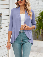 Solid Color Ruffled Hem 3/4 Sleeve Open Front Jacket