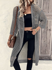 Hollow Knitted Mid-Length 3/4 Sleeves Open Front Jacket