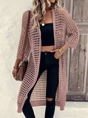 Hollow Knitted Mid-Length 3/4 Sleeves Open Front Jacket