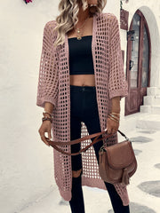 Hollow Knitted Mid-Length 3/4 Sleeves Open Front Jacket