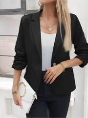 Notched Lapel Ruched 3/4 Sleeves Solid Color Blazer
