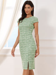 Tweed Crew Neck Cap Sleeve Midi Sheath Dress