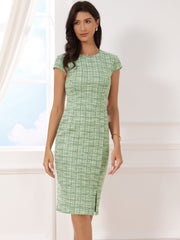 Tweed Crew Neck Cap Sleeve Midi Sheath Dress