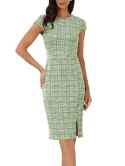 Tweed Crew Neck Cap Sleeve Midi Sheath Dress