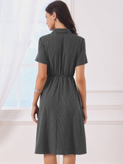 Striped Lapel Collared Tie WaistButton Down Short Sleeve Long Casual Dress