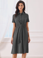 Striped Lapel Collared Tie WaistButton Down Short Sleeve Long Casual Dress
