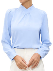 Work Business Casual Pleat Mock Neck Puff Long Sleeve Office Blouse
