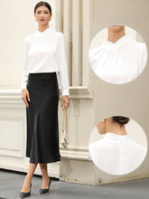 Work Business Casual Pleat Mock Neck Puff Long Sleeve Office Blouse