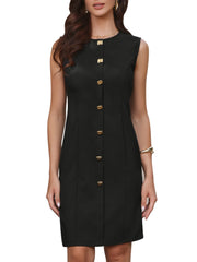 Sleeveless Crew Neck Button Decro Business Casual Work Dress