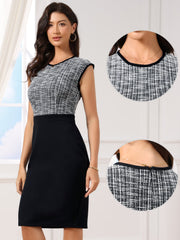 Work Tweed Crew Neck Sleeveless Patchwork Office Sheath Dress