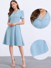 Work Lace Notched Collar Vintage 1950s Short Sleeve Midi Shirt Dress
