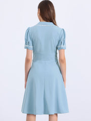 Work Lace Notched Collar Vintage 1950s Short Sleeve Midi Shirt Dress