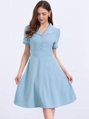 Work Lace Notched Collar Vintage 1950s Short Sleeve Midi Shirt Dress