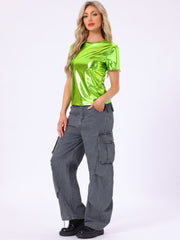 Glitter Metallic Short Sleeve Shiny Multicolor Blouse