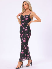 Spaghetti Strap Mesh Floral Sleeveless Bodycon Cocktail Maxi Dress Sundress