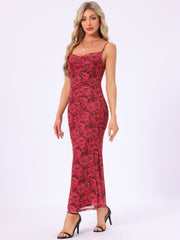 Spaghetti Strap Mesh Floral Sleeveless Bodycon Cocktail Maxi Dress Sundress