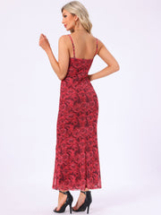 Spaghetti Strap Mesh Floral Sleeveless Bodycon Cocktail Maxi Dress Sundress