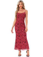 Spaghetti Strap Mesh Floral Sleeveless Bodycon Cocktail Maxi Dress Sundress