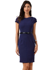 Cap Sleeve V Neck Casual Work Office Belted Sheath Dress