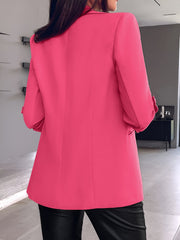 Notched Lapel Solid Color Rolled Sleeves Blazer