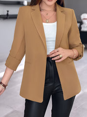 Notched Lapel Solid Color Rolled Sleeves Blazer