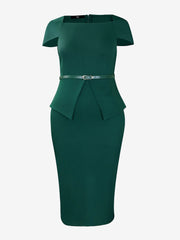 Square Neck Cap Sleeve Belted Work Midi Sheath Dress