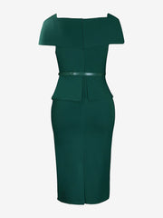 Square Neck Cap Sleeve Belted Work Midi Sheath Dress