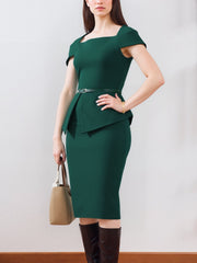 Square Neck Cap Sleeve Belted Work Midi Sheath Dress