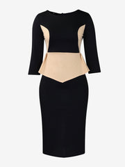 Colorblock Round Neck 3/4 Sleeves Slit Sheath Dress
