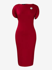 Zipper Short Sleeves Slit Midi Sheath Dress