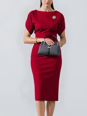 Zipper Short Sleeves Slit Midi Sheath Dress