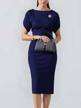 Zipper Short Sleeves Slit Midi Sheath Dress