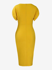 Zipper Short Sleeves Slit Midi Sheath Dress