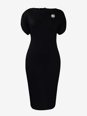 Zipper Short Sleeves Slit Midi Sheath Dress