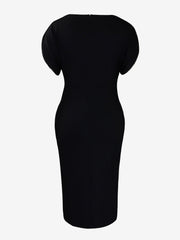 Zipper Short Sleeves Slit Midi Sheath Dress