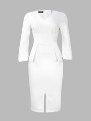 V Neck Puff Sleeve Slit Office Midi Sheath Dress