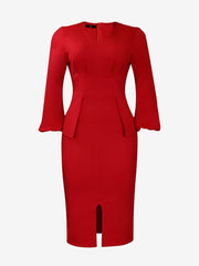 V Neck Puff Sleeve Slit Office Midi Sheath Dress