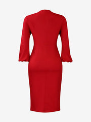 V Neck Puff Sleeve Slit Office Midi Sheath Dress